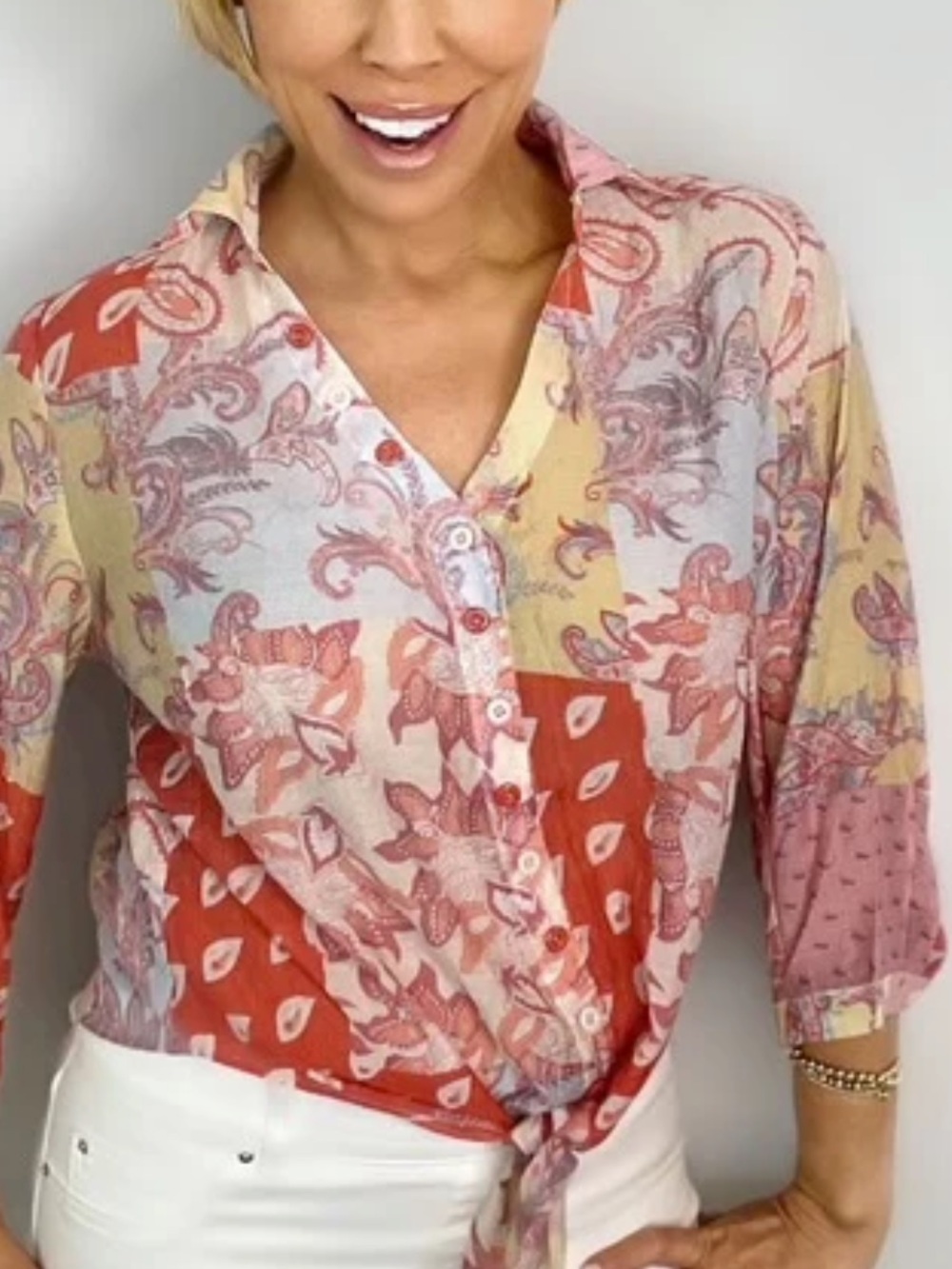Ethyl Button-Front Patchwork Paisley Blouse - Coral Pink - Medium